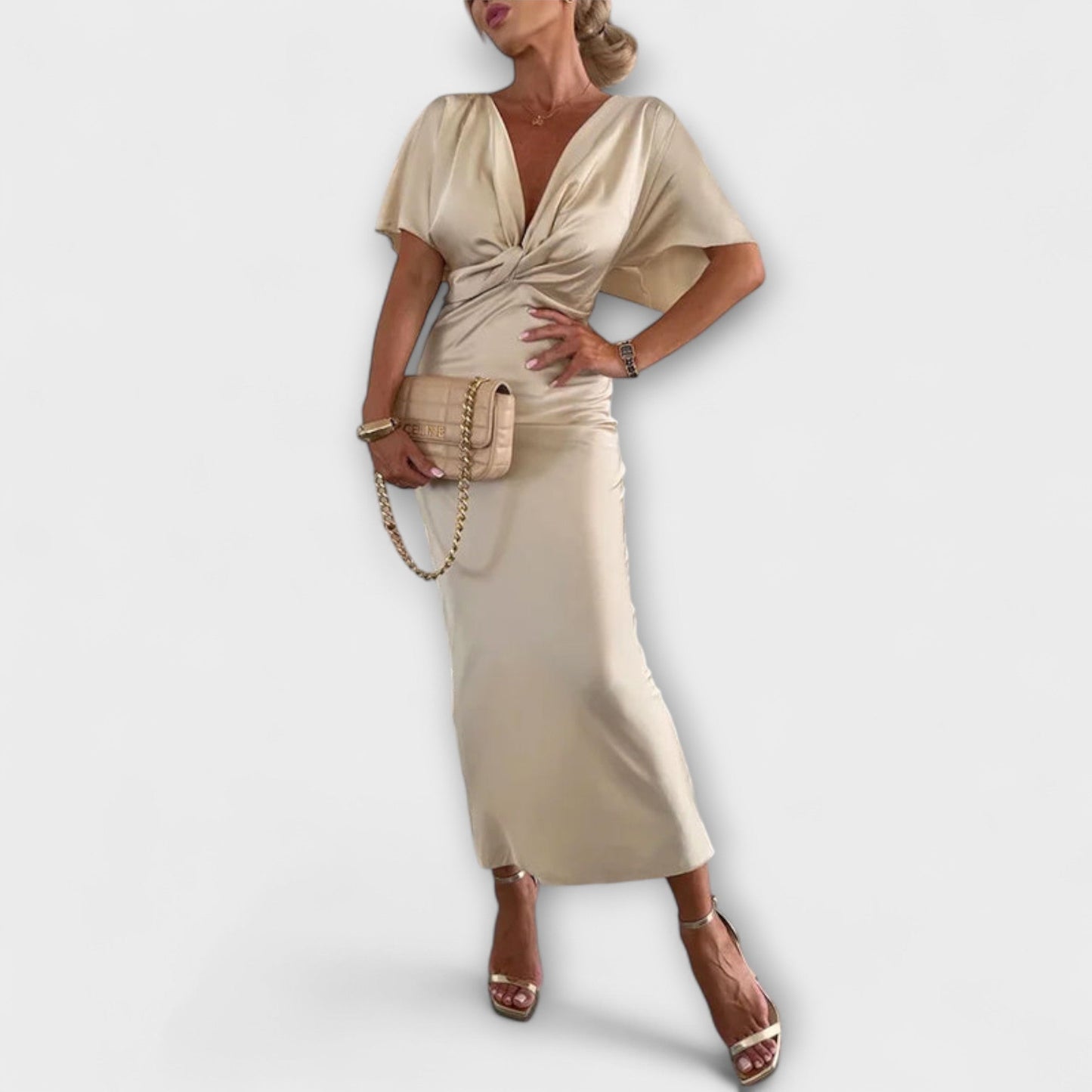 Sable Satin V-Neck Cross Knot Maxi Dress for Events