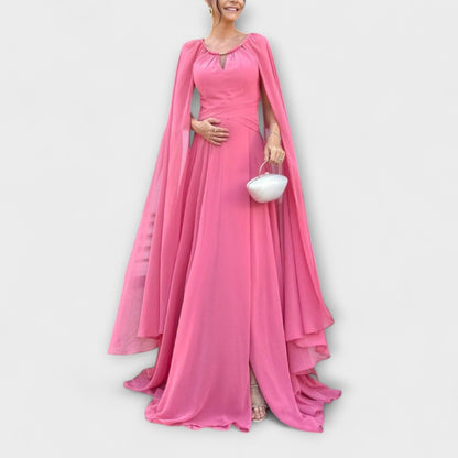 Chic Maxi Dress with Cape Sleeves & High Slit