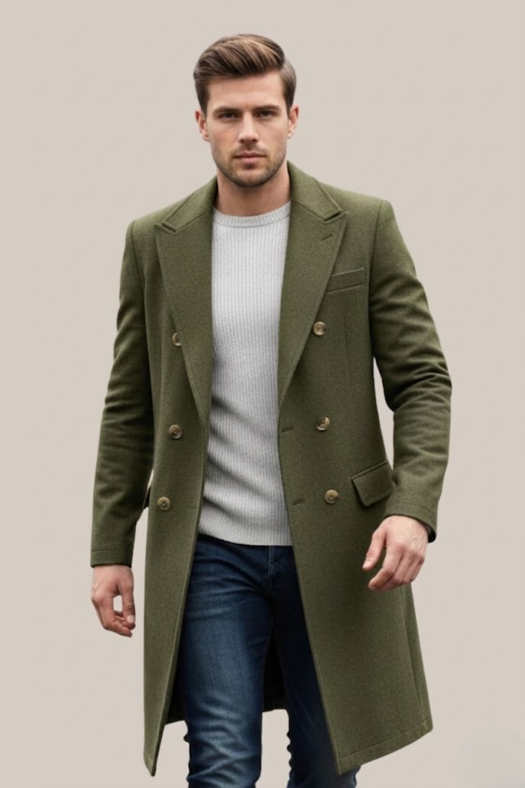 Men's Double-Breasted Long Coat – Stylish Lapel for Formal & Smart Casual Occasions