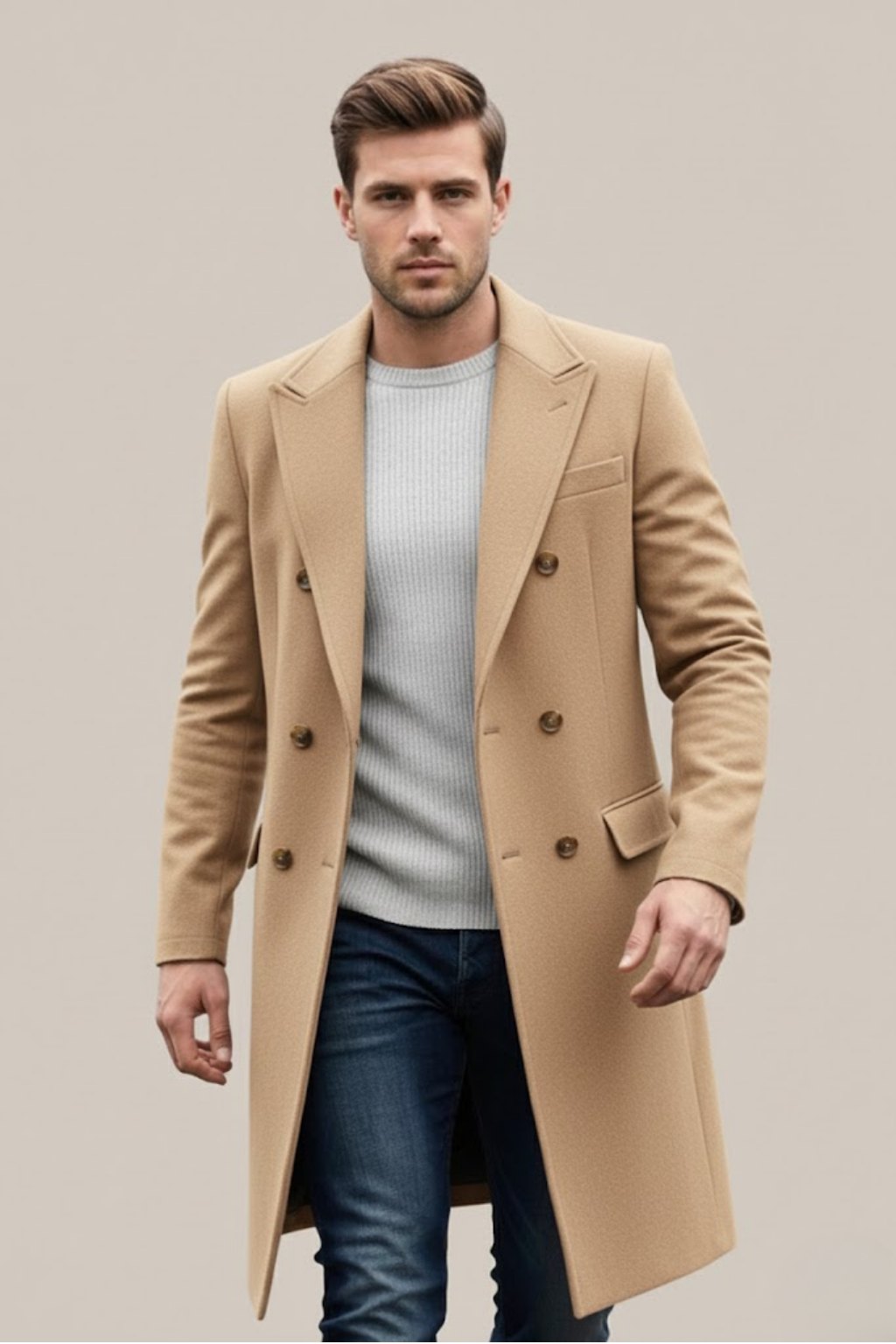 Men's Double-Breasted Long Coat – Stylish Lapel for Formal & Smart Casual Occasions