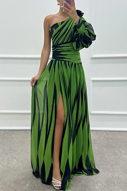 Wedding Guest Dress - Striped One Shoulder Maxi