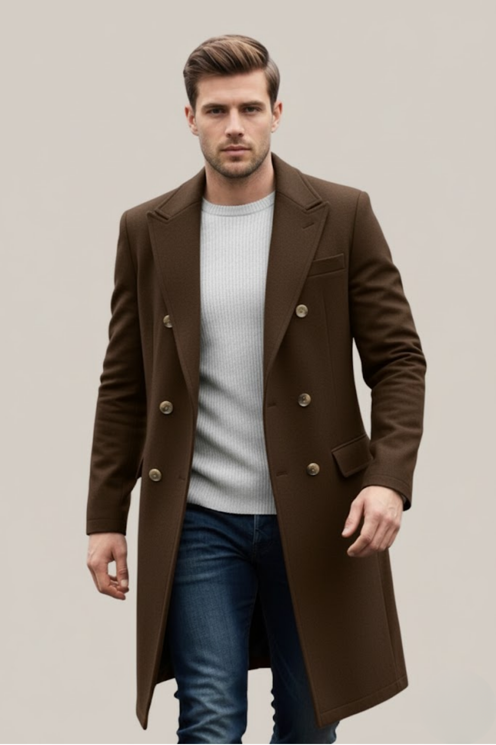 Men's Double-Breasted Long Coat – Stylish Lapel for Formal & Smart Casual Occasions