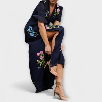 Beatrice - Navy Blue Floral Embroidered Dress for Special Occasions