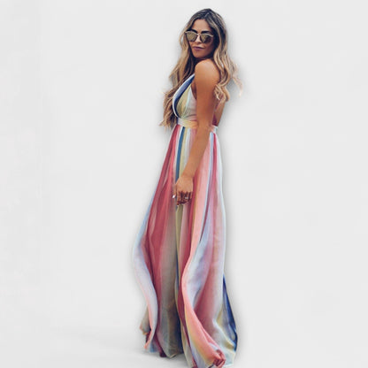 V-Neck Multicoloured Striped Women's Dress for Every Occasion