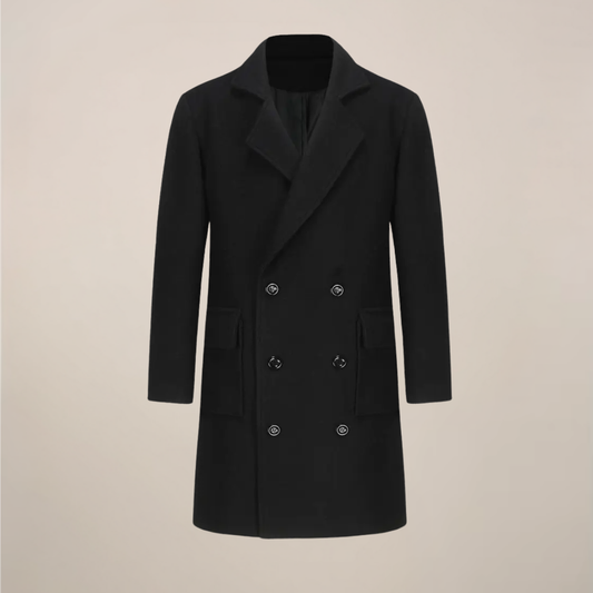 Men’s Black Double-Breasted Overcoat – Stylish Long Coat for Office & Winter Events