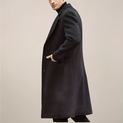 Men's Black Long Overcoat - Stylish Single-Breasted Coat for Winter Events