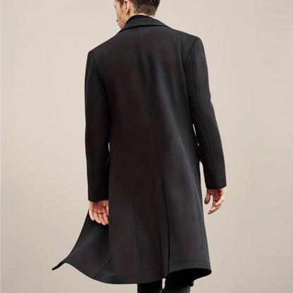 Men's Black Long Overcoat - Stylish Single-Breasted Coat for Winter Events