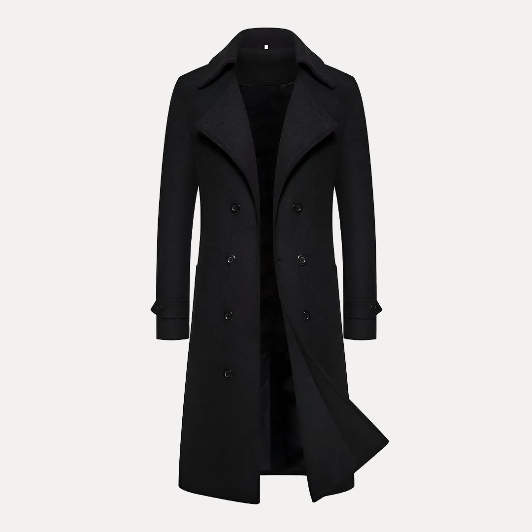 Men's Double-Breasted Long Coat – Classic Winter Overcoat with Peak Lapels