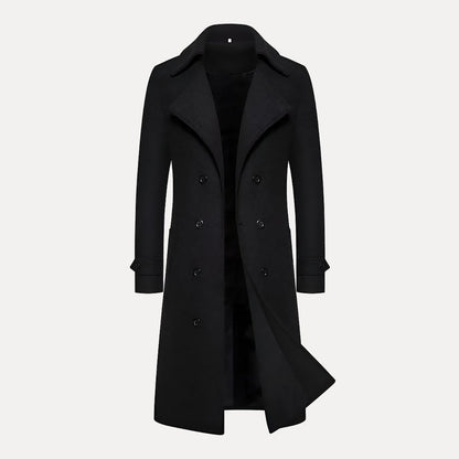 Men's Double-Breasted Long Coat – Classic Winter Overcoat with Peak Lapels