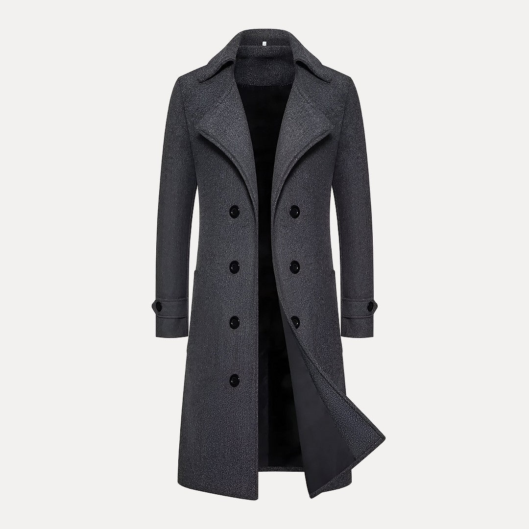 Men's Double-Breasted Long Coat – Classic Winter Overcoat with Peak Lapels