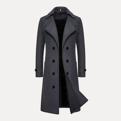 Men's Double-Breasted Long Coat – Classic Winter Overcoat with Peak Lapels