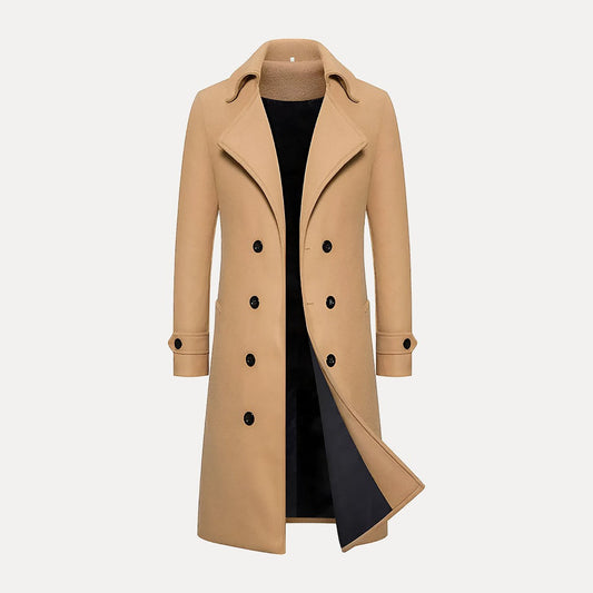 Men's Double-Breasted Long Coat – Classic Winter Overcoat with Peak Lapels
