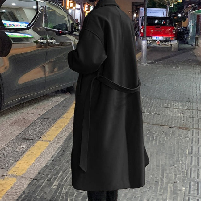 Men's Long Belted Overcoat – Classic Wool Design for Formal Occasions