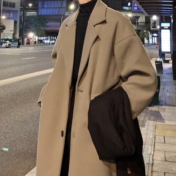 Men's Long Belted Overcoat – Classic Wool Design for Formal Occasions