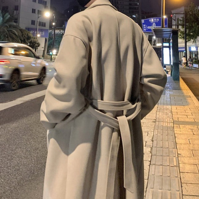 Men's Long Belted Overcoat – Classic Wool Design for Formal Occasions