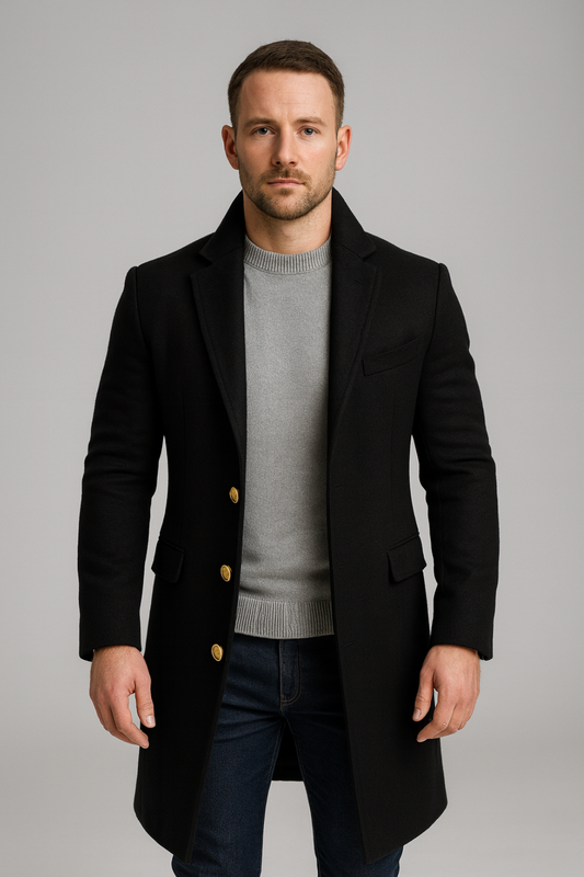 Men’s Black Long Coat with Gold Buttons - Ideal for Formal Events
