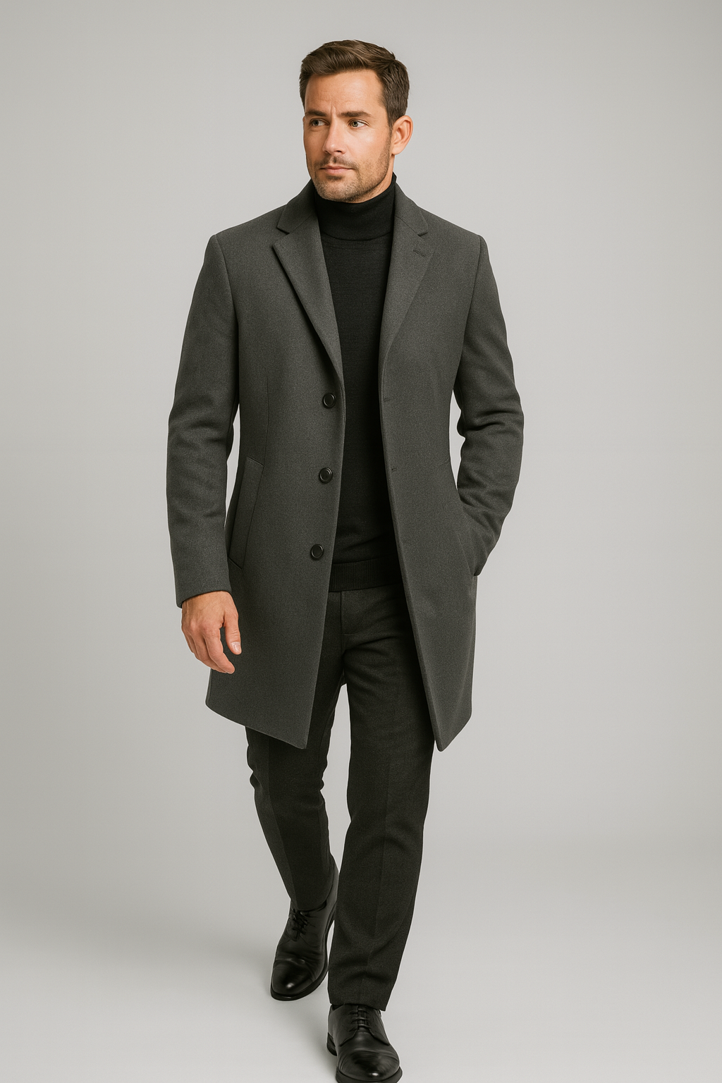 Men's Classic Long Overcoat - Stylish Notch Lapel Design
