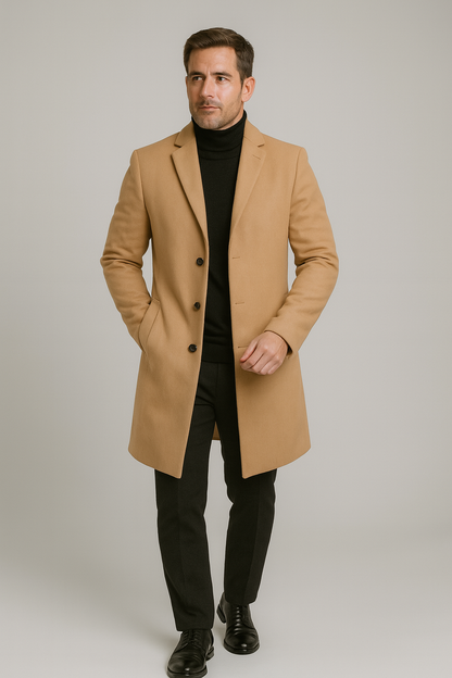 Men's Classic Long Overcoat - Stylish Notch Lapel Design