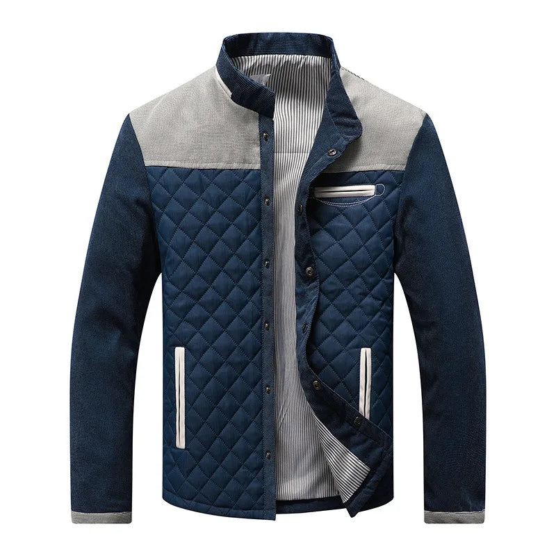 Men's Quilted Stand Collar Jacket with Suede Accents for Stylish Outings