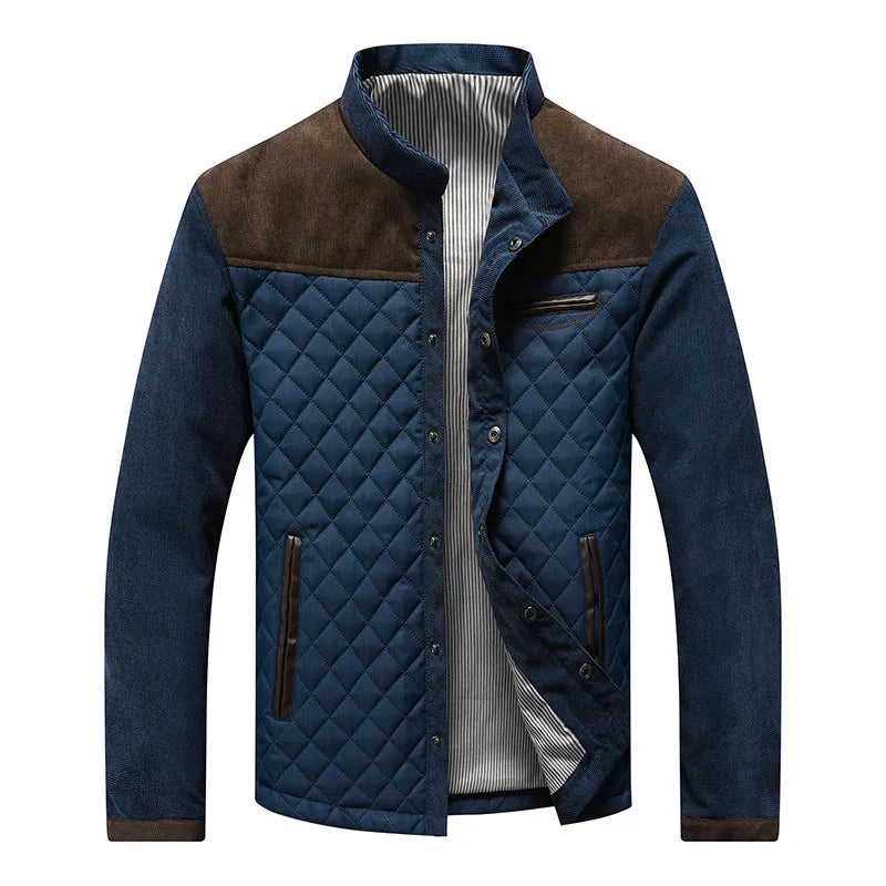Men's Quilted Stand Collar Jacket with Suede Accents for Stylish Outings