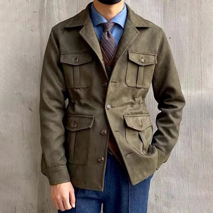 Men's Suede-Style Hunting Jacket – Four-Pocket Design for Outdoor Adventures