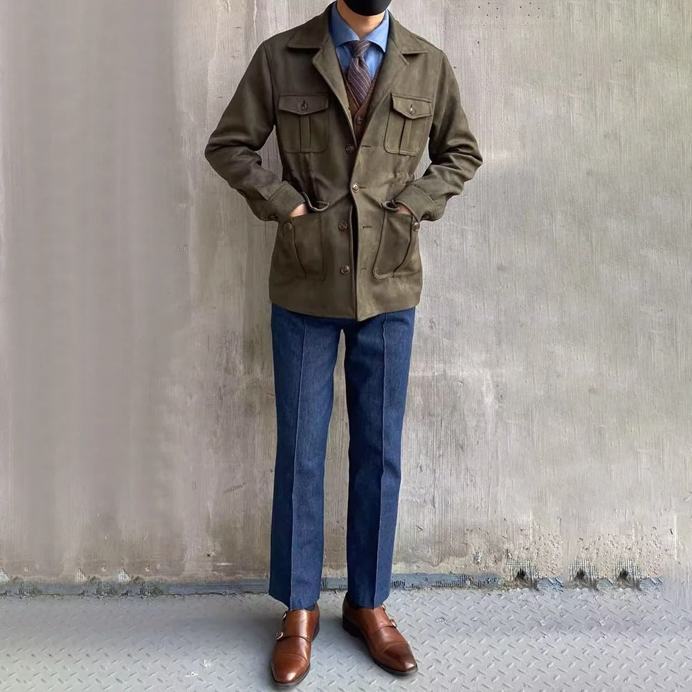 Men's Suede-Style Hunting Jacket – Four-Pocket Design for Outdoor Adventures