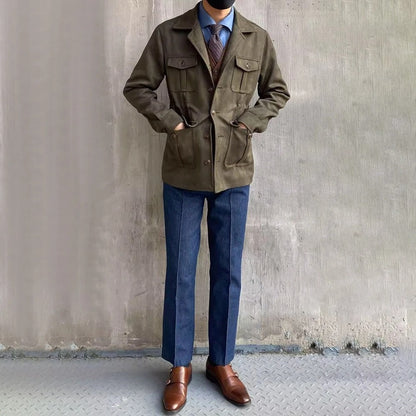 Men's Suede-Style Hunting Jacket – Four-Pocket Design for Outdoor Adventures