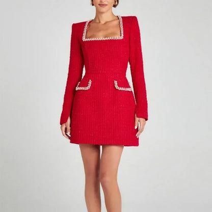Chic Tweed Mini Dress for Parties – Long Sleeve Square Neck Style