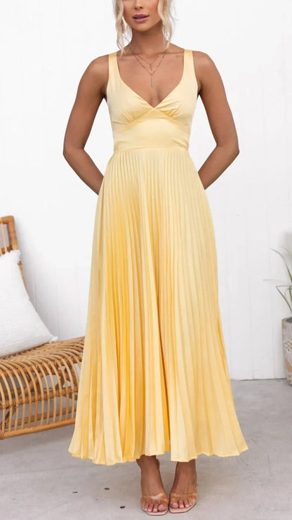 Yellow V-Neck Pleated Maxi Dress for Special Occasions