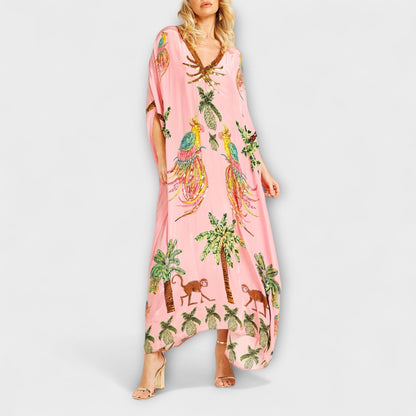 Linda - Chic Asymmetrical Shoulder Dress with Tropical Coconut Tree Design
