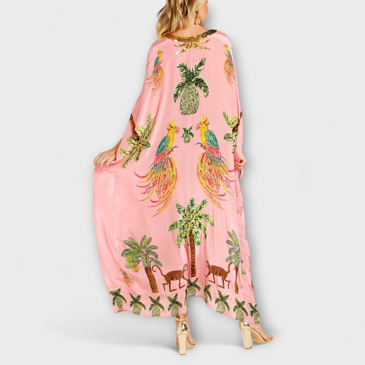 Linda - Chic Asymmetrical Shoulder Dress with Tropical Coconut Tree Design